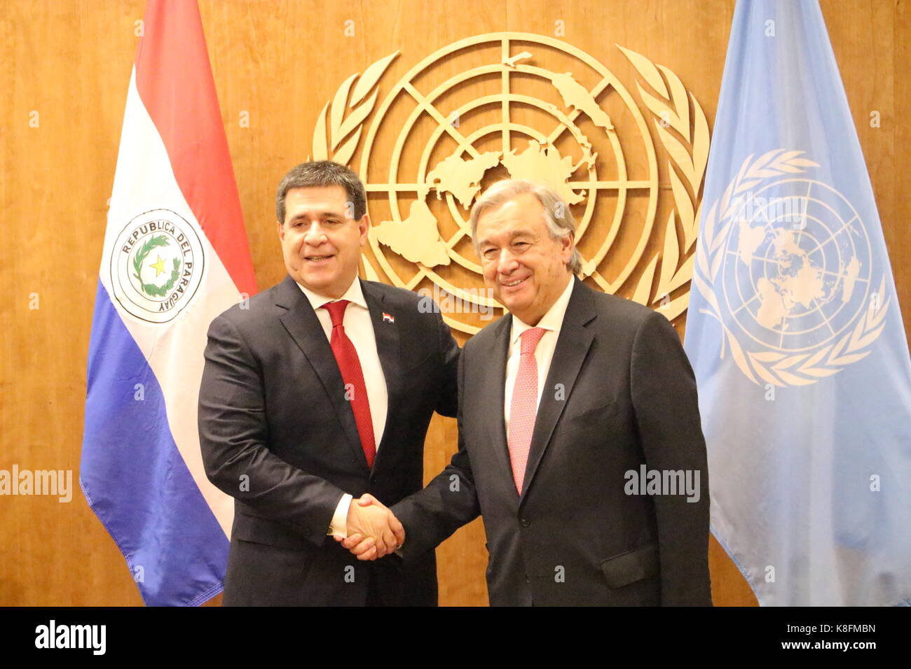 Nations Unies, New York, USA. 19 sept, 2017. paraguay président horacio manuel cartes jara a rencontré un sec-gen Antonio Guterres. photo : Matthew russell lee / inner city press Banque D'Images