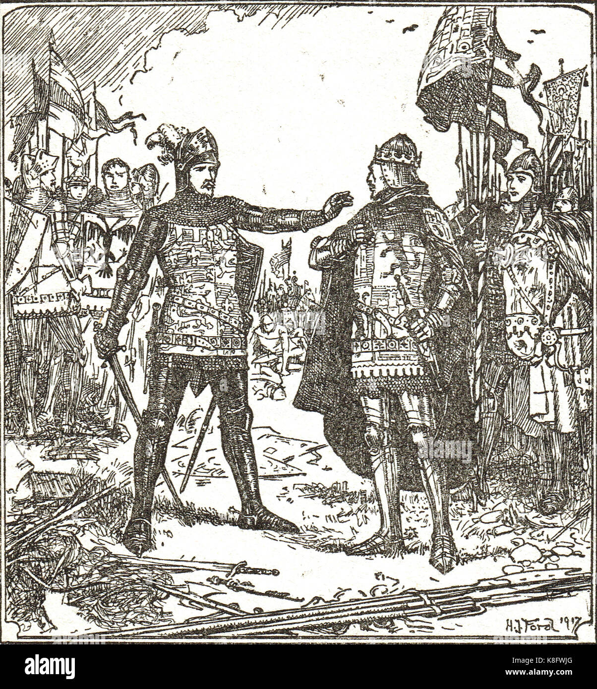 Le Prince Noir, Edward de Woodstock, refuse de remettre le Guesclin à Don Pedro, bataille de Nájera, 3 avril 1367, Guerre civile castillane Banque D'Images