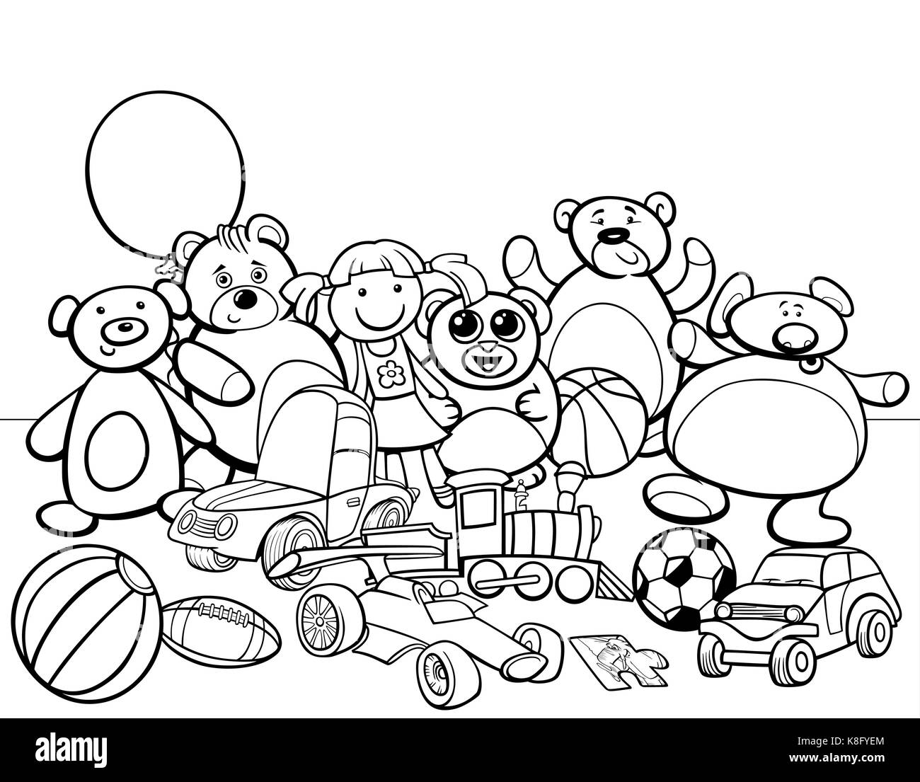 Illustration cartoon noir et blanc d'objets jouets groupe caractères Coloring Book Illustration de Vecteur