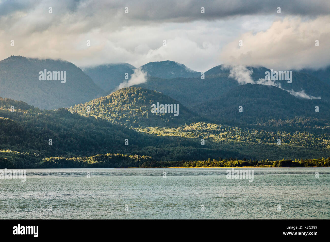 Mist rising des montagnes sur le lac vert, le parc national queulat, Chili Banque D'Images