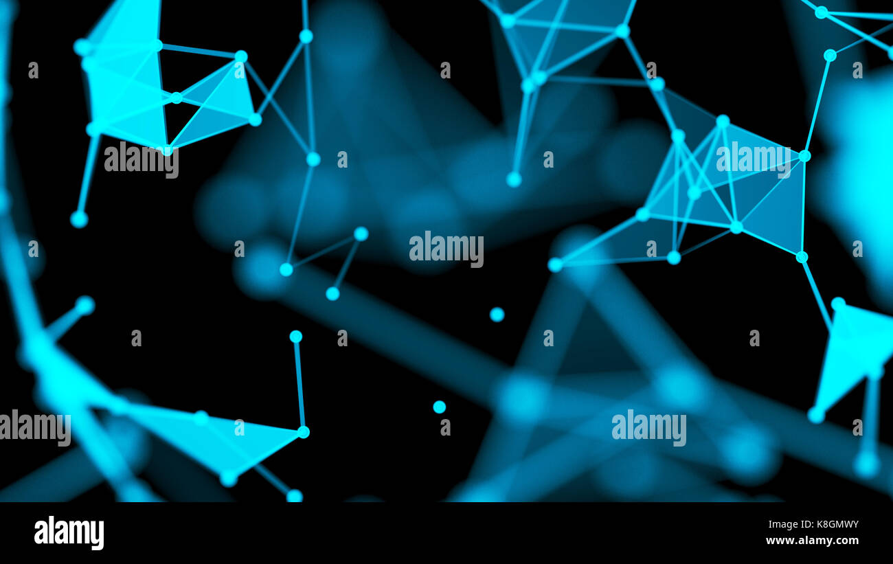 Blockchain , Réseau , de l'apprentissage automatique et l'apprentissage en profondeur le concept des réseaux de neurones. Connexion bleu distribué atom avec fond noir , 3d renderi Banque D'Images