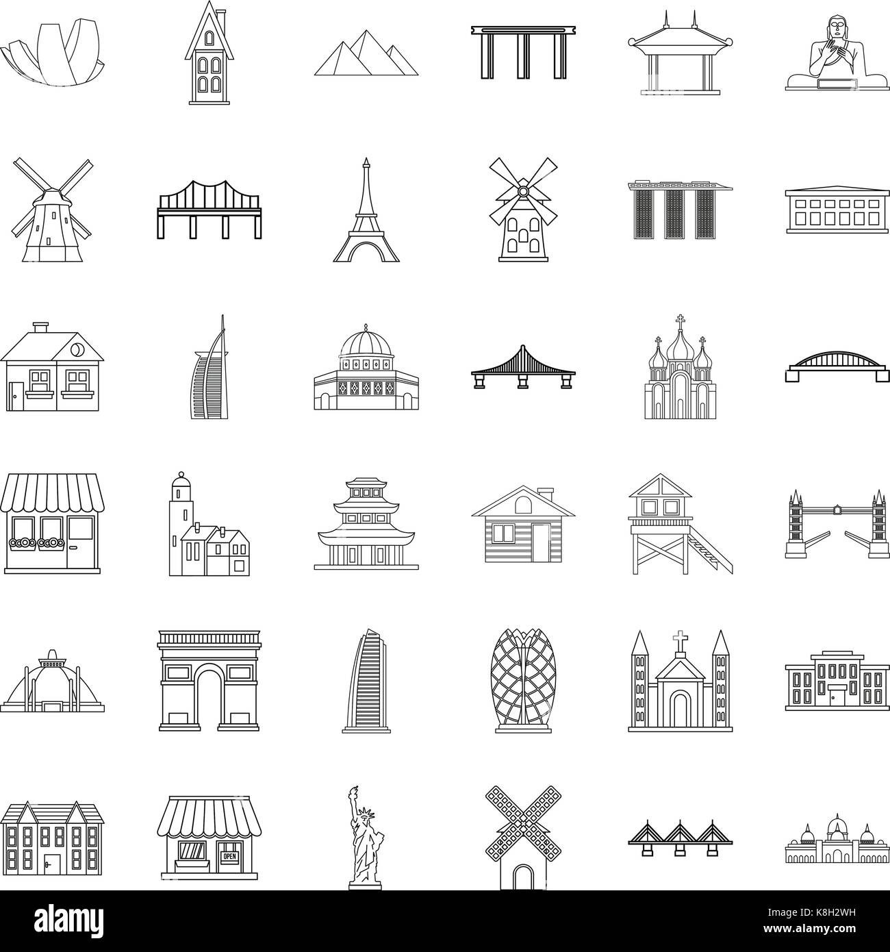Paris icons set style du contour, Illustration de Vecteur