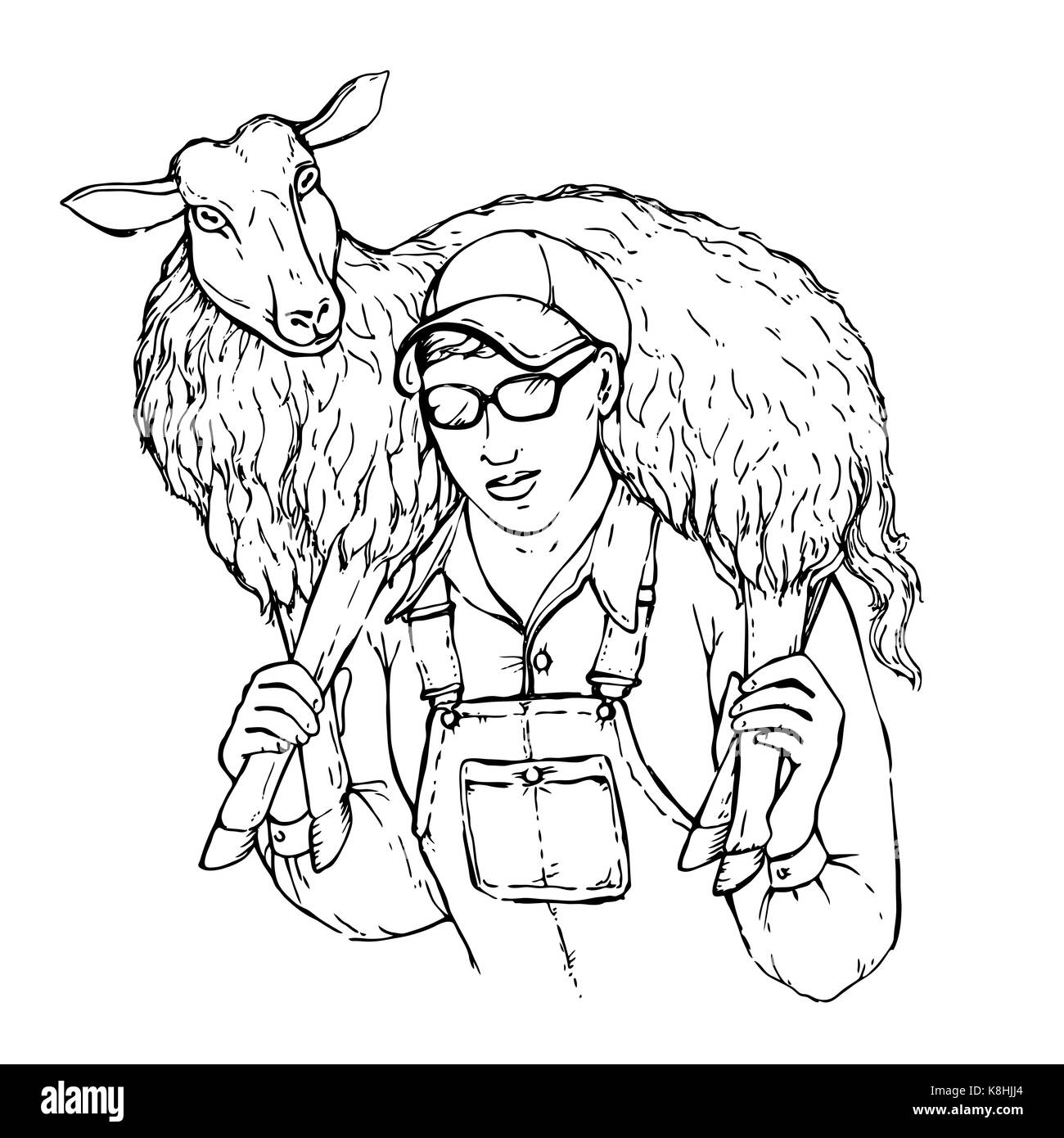 Illustration d'un jeune agriculteur solide garçon avec un mouton sur ses épaules. sheepman portant un agneau, croquis vecteur isolé sur fond blanc. Illustration de Vecteur