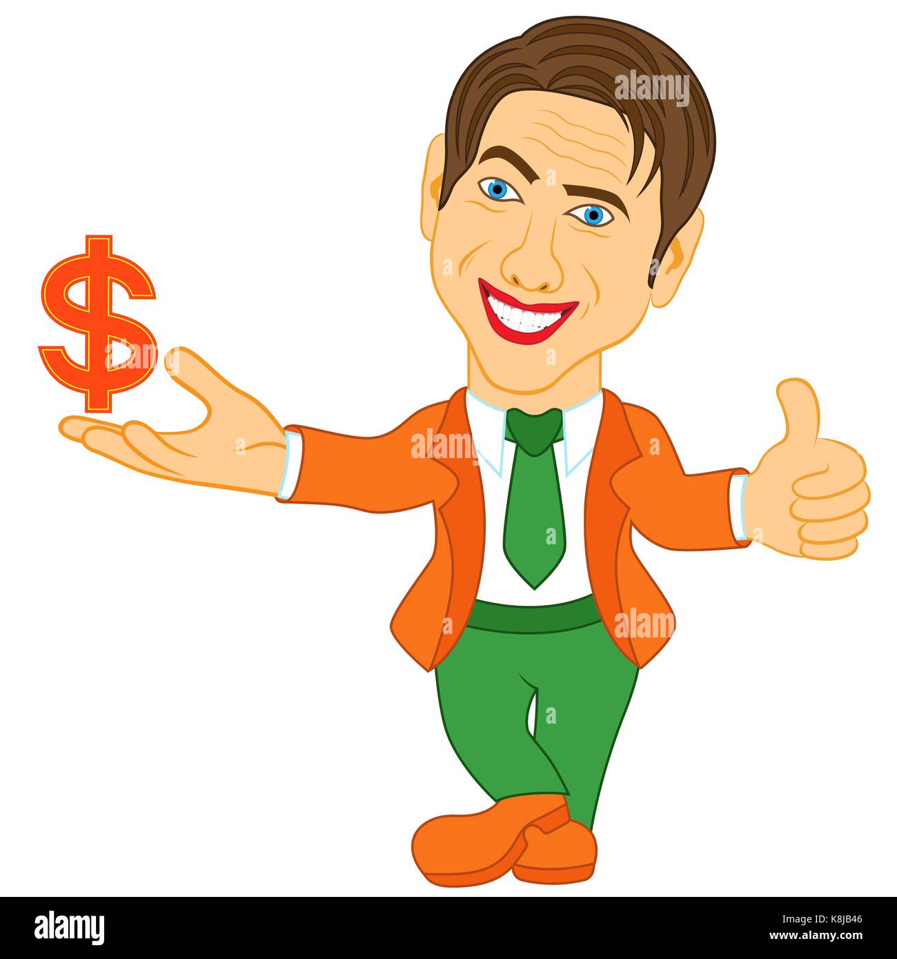 Le sourire et l'homme joyeux est titulaire d'un symbole du dollar, conceptuel cartoon vector illustration Illustration de Vecteur