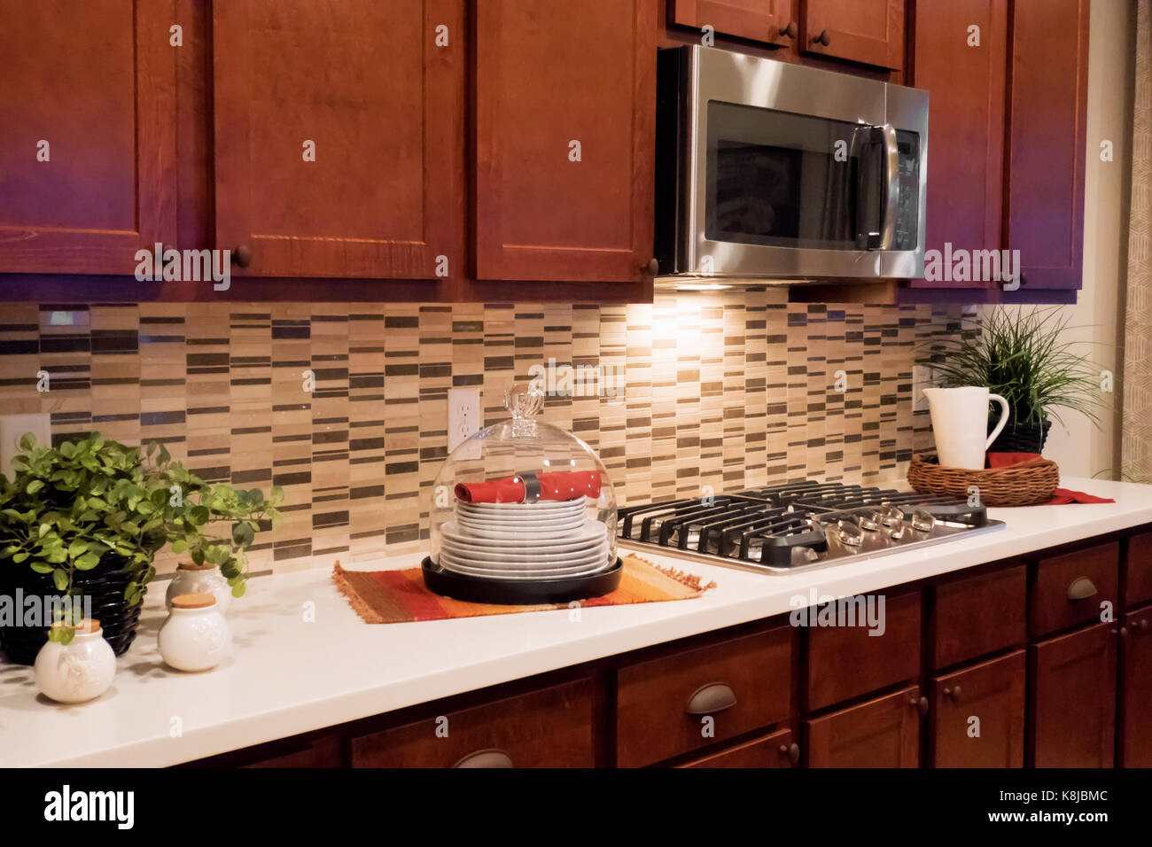 Un comptoir de cuisine avec une cuisinière, un four micro-ondes avec une belle backsplash. Banque D'Images