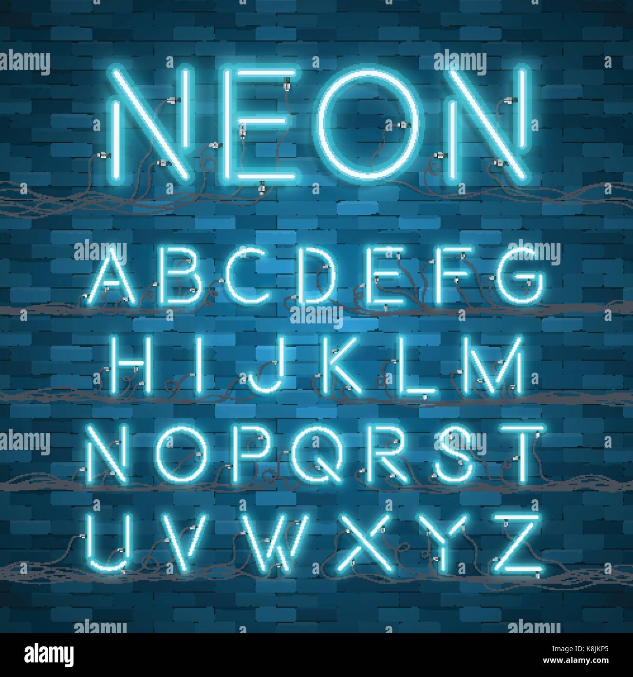 Néon réaliste. L'alphabet font rougeoyant. Illustration de Vecteur
