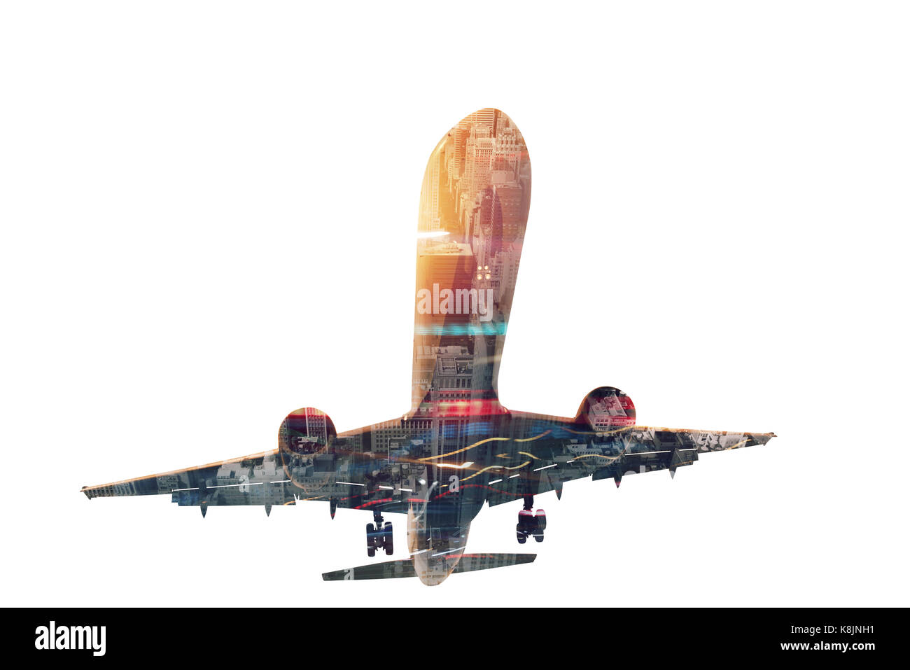 Décollage d'un aéronef, avec double exposition d'airport Banque D'Images