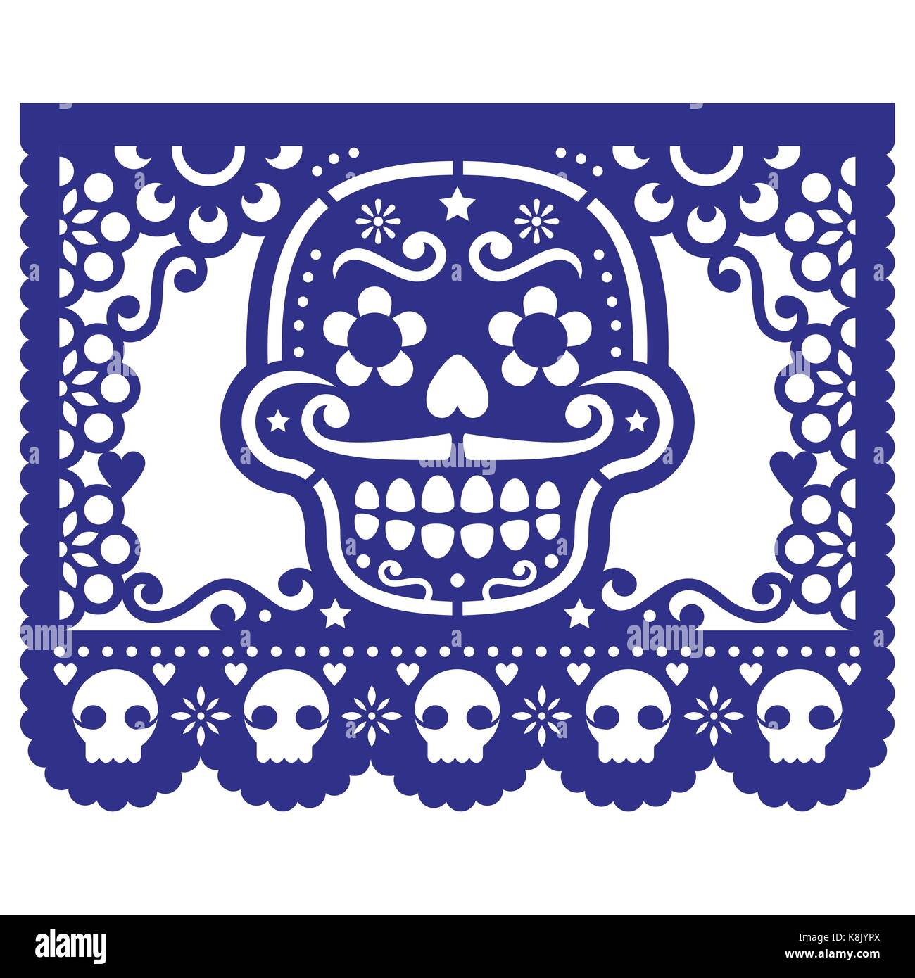 Halloween, Fête des Morts avec des crânes - Mexican papel picado décoration avec des fleurs et des formes géométriques Illustration de Vecteur