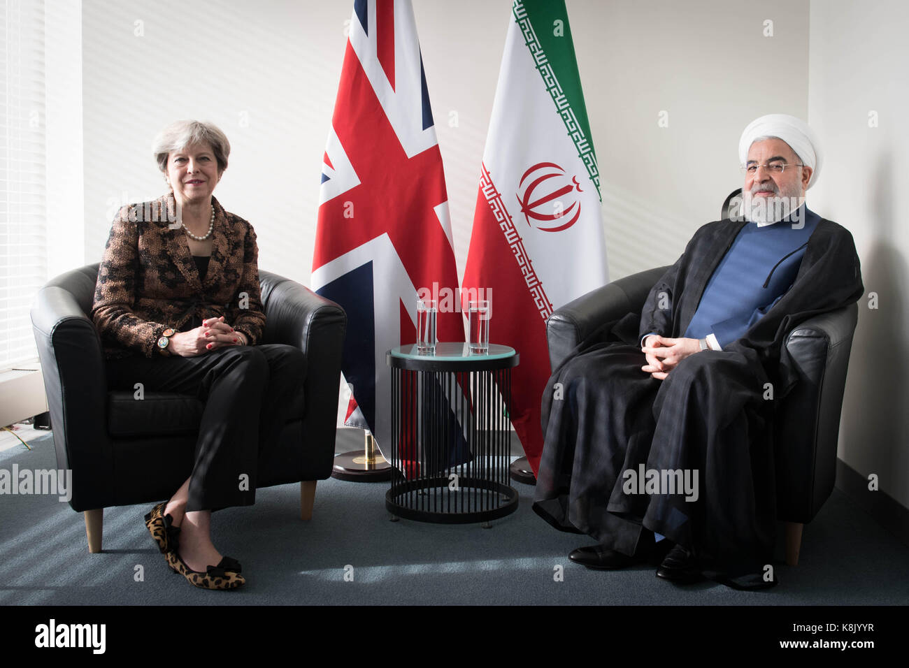 Premier ministre Theresa peut se réunit avec le président iranien Hassan Rohani à l'Organisation des Nations unies à New York, USA. Banque D'Images