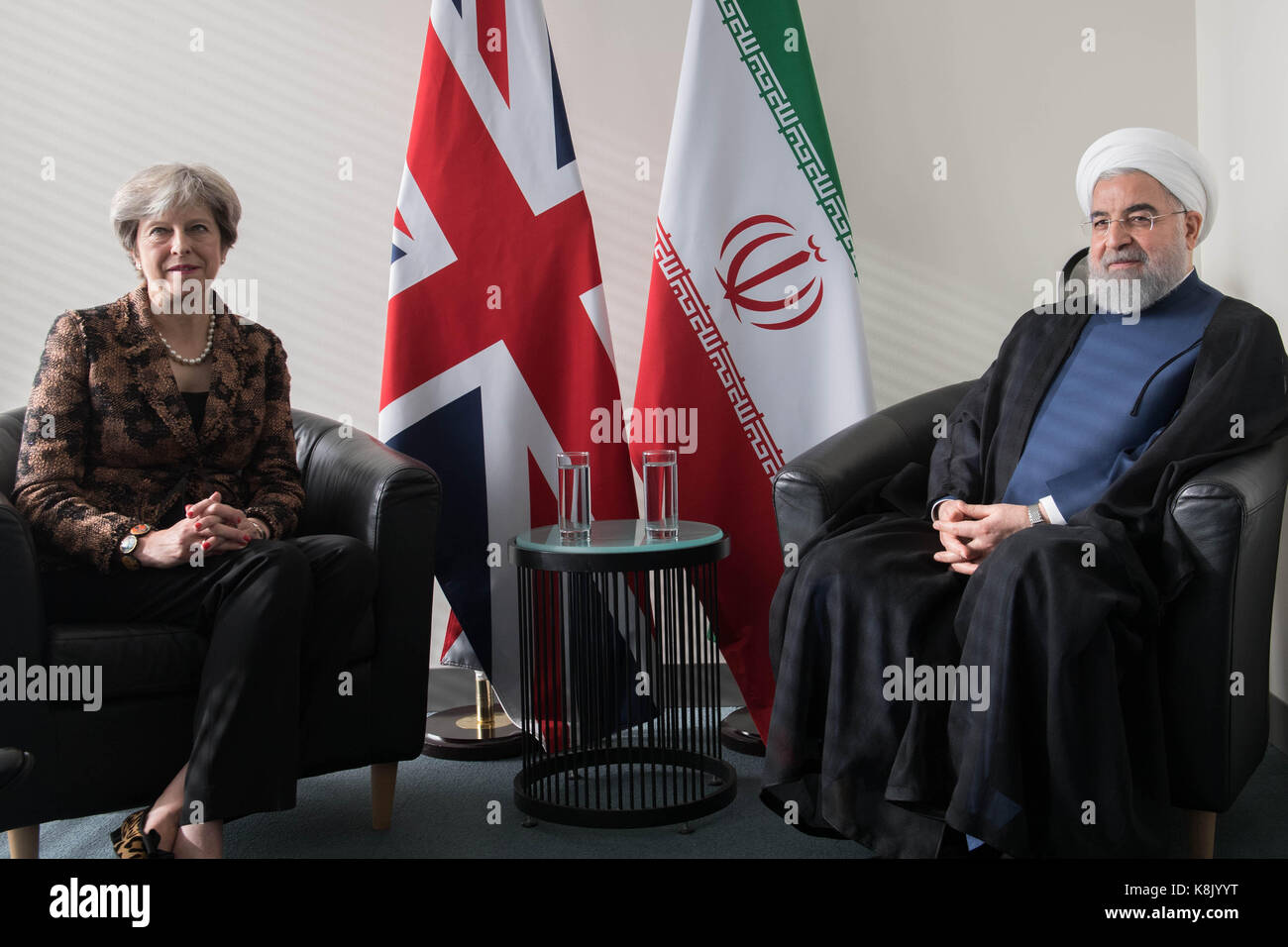 Premier ministre Theresa peut se réunit avec le président iranien Hassan Rohani à l'Organisation des Nations unies à New York, USA. Banque D'Images