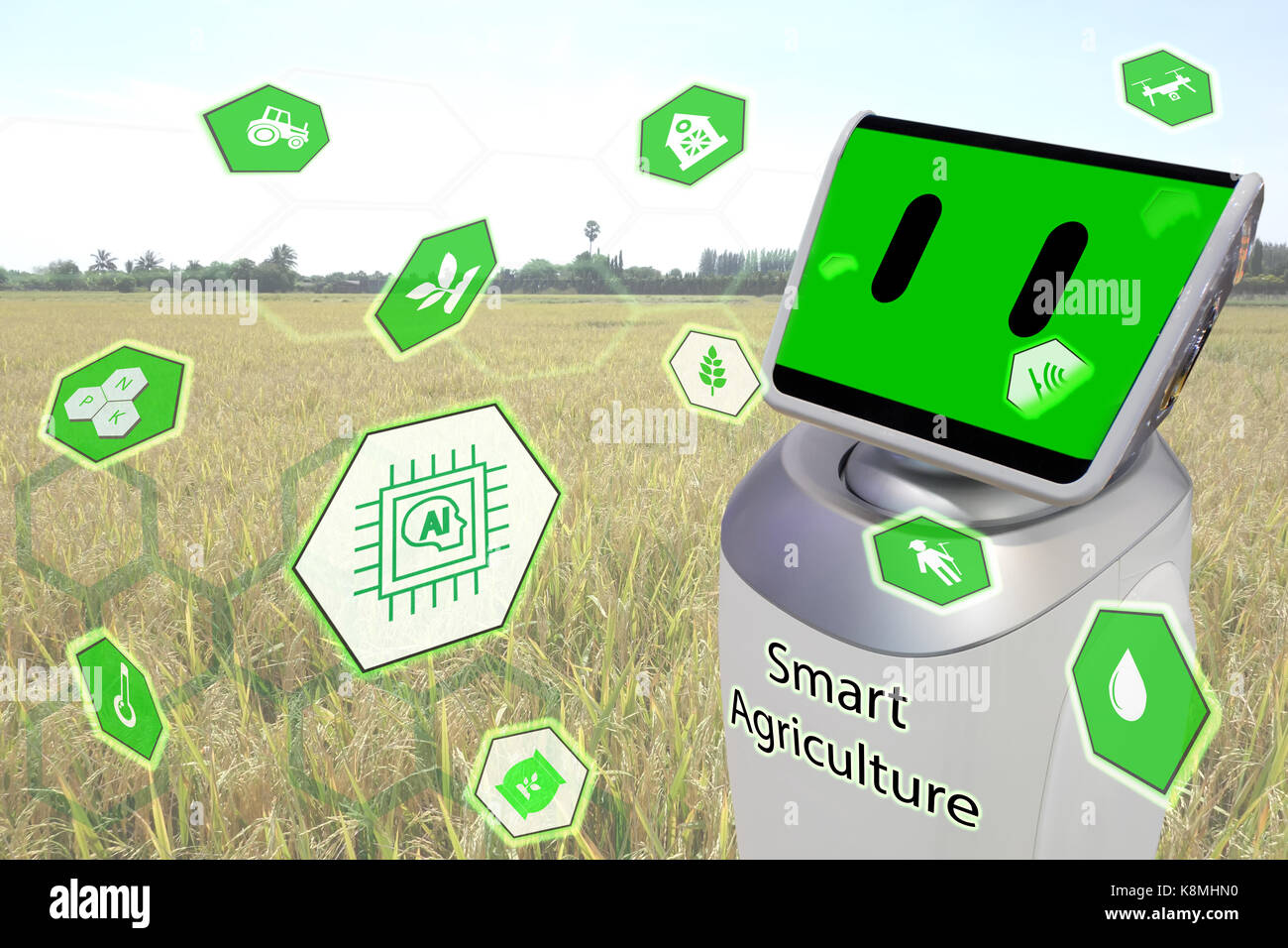 Iot, internet des objets, l'agriculture, la technologie robotique robot concept, l'aide et de la gestion, de l'analyse les données de la batterie Banque D'Images