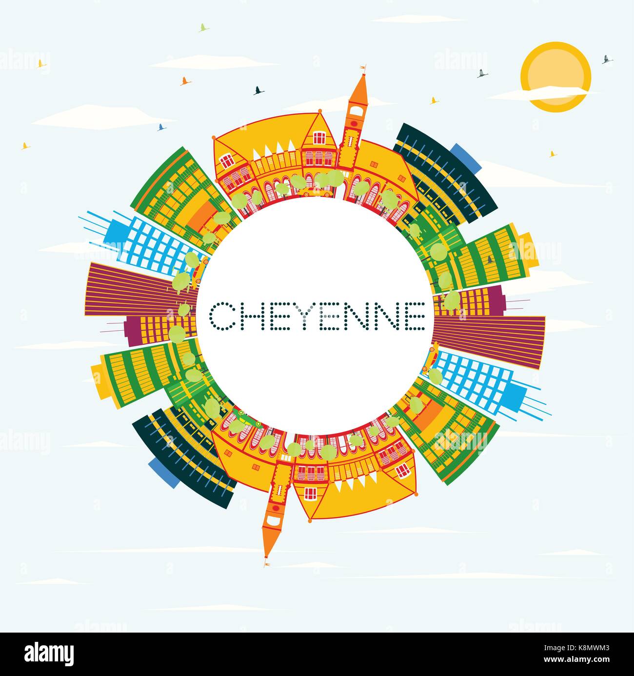 Cheyenne se dressent les bâtiments de couleur, bleu ciel et espace copie. vector illustration. Les voyages d'affaires et tourisme concept. Illustration de Vecteur