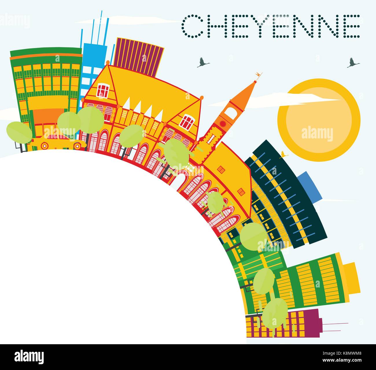 Cheyenne se dressent les bâtiments de couleur, bleu ciel et espace copie. vector illustration. Les voyages d'affaires et tourisme concept. Illustration de Vecteur