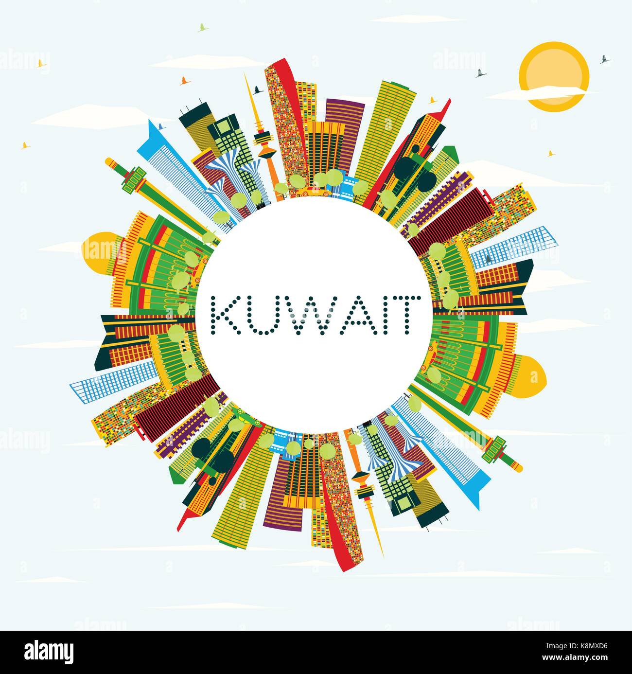 Le Koweït avec toits de bâtiments, de couleur bleu ciel et espace copie. vector illustration. Les voyages d'affaires et tourisme concept avec l'architecture moderne. Illustration de Vecteur