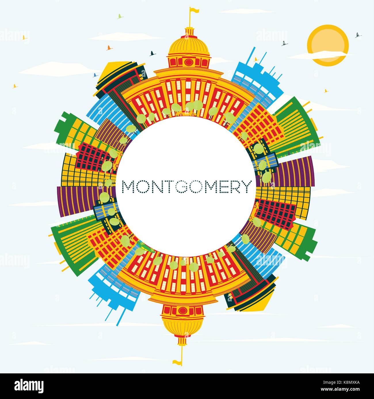 Montgomery usa avec toits de bâtiments, de couleur bleu ciel et espace copie. vector illustration. Les voyages d'affaires et tourisme concept. Illustration de Vecteur