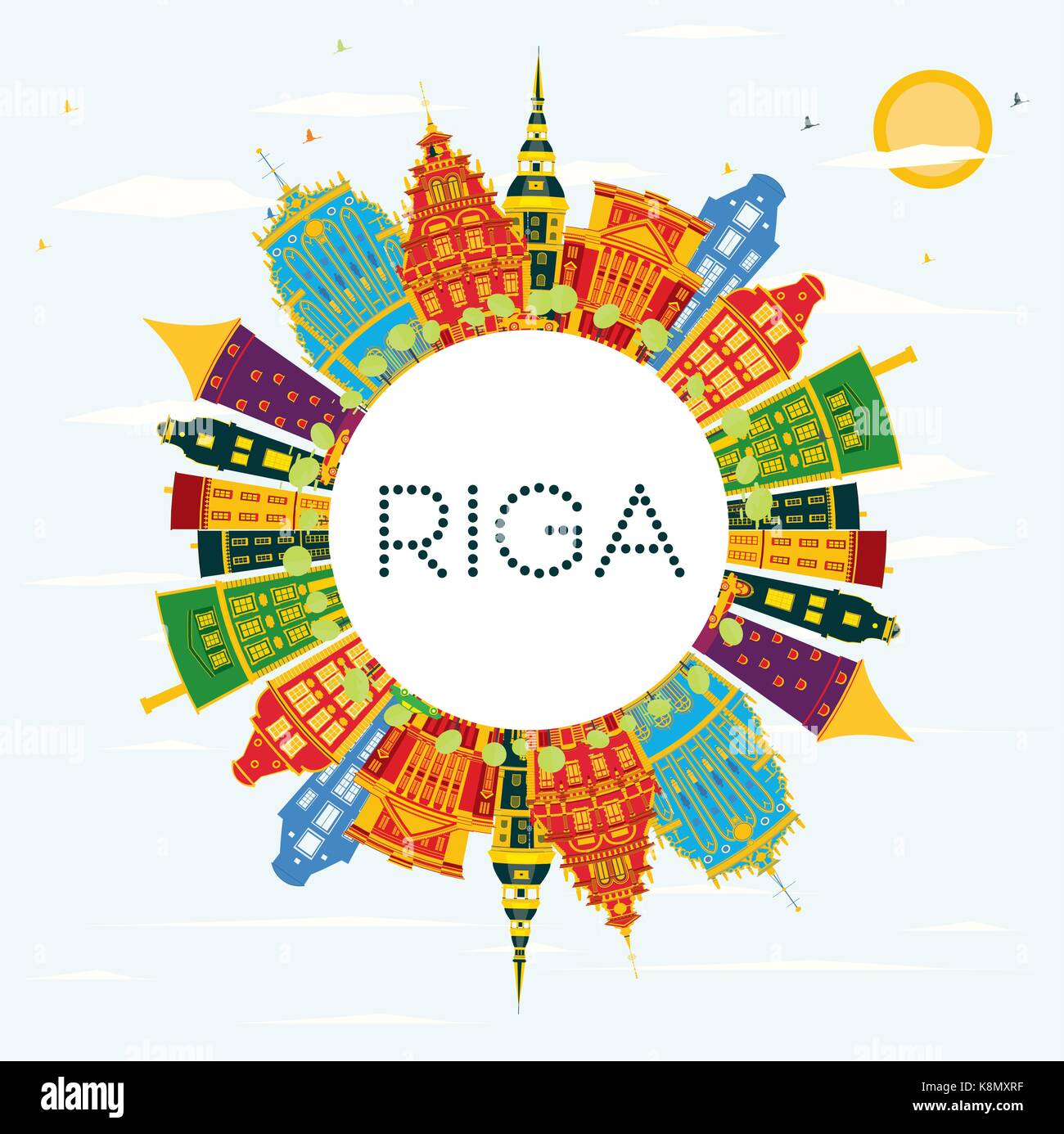 Riga avec toits de bâtiments, de couleur bleu ciel et espace copie. vector illustration. Les voyages d'affaires et tourisme concept avec l'architecture historique. Illustration de Vecteur