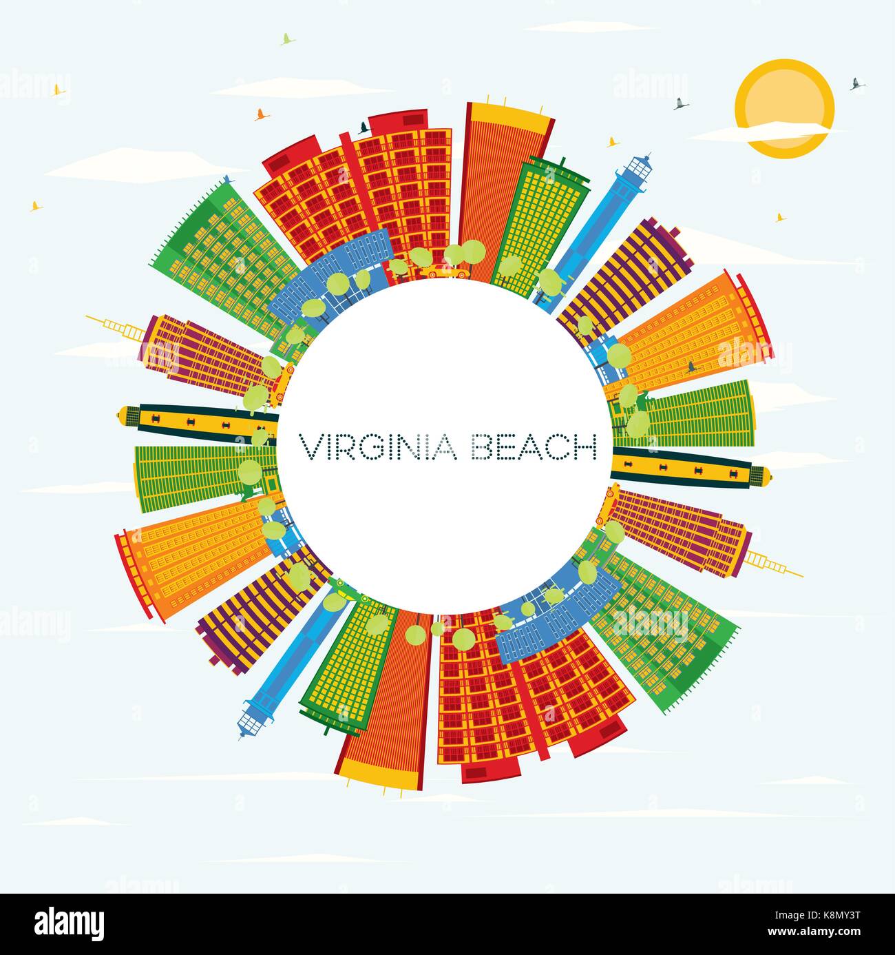 Virginia Beach avec des toits de bâtiments, de couleur bleu ciel et espace copie. vector illustration. business concept Voyages et tourisme Illustration de Vecteur