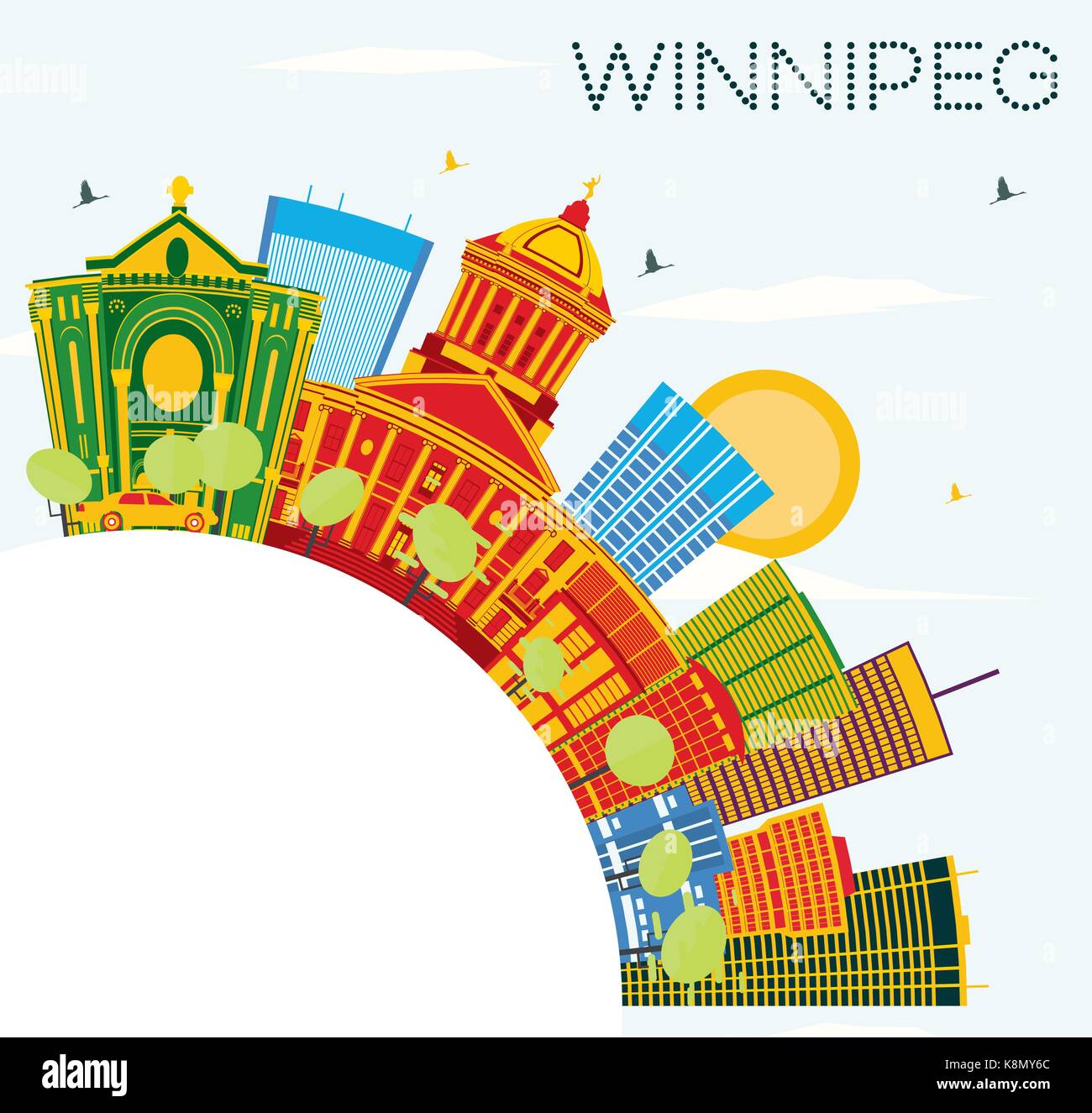 Toits de Winnipeg avec les bâtiments, couleur bleu ciel et espace copie. vector illustration. Les voyages d'affaires et tourisme concept avec l'architecture moderne. Illustration de Vecteur