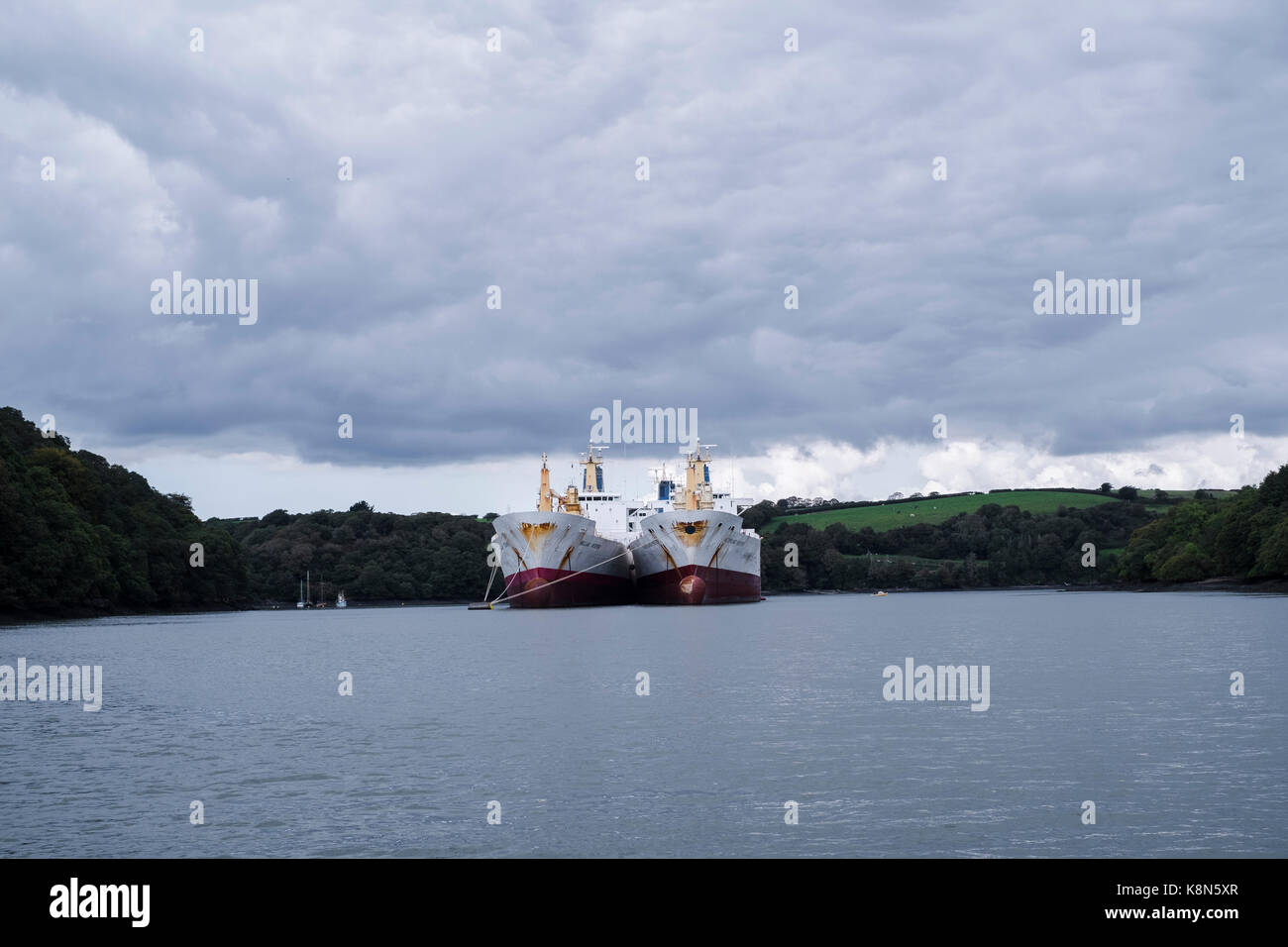 Des navires frigorifiques, des cargos frigorifiques utilisés pour le transport de marchandises périssables, mis en place jusqu'à la rivière Fal, Falmouth, Cornwall. Banque D'Images