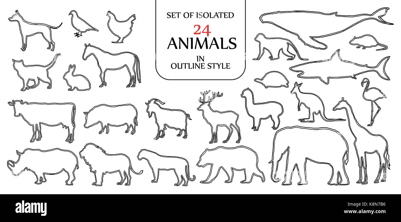 Ensemble de 24 animaux isolés en illustration style double contour noir pour logo, icône ou d'arrière-plan avec un espace blanc pour le texte. Illustration de Vecteur Ensemble de 24 animaux isolés en illustration style double contour noir pour logo, icône ou d'arrière-plan avec un espace blanc pour le texte. Illustration de Vecteur