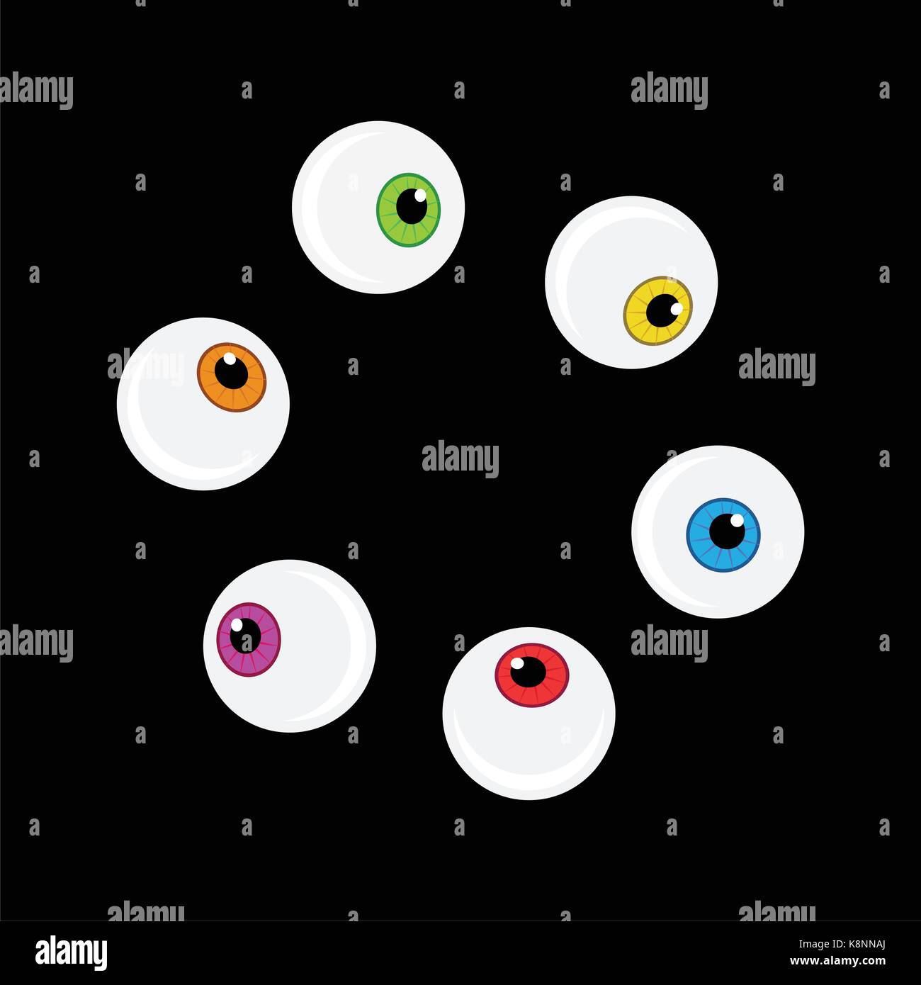 Globe oculaire Halloween jeu de symboles vectoriels. Caricature colorée de l'œil, élève de clipart illustration isolé sur fond noir. Illustration de Vecteur