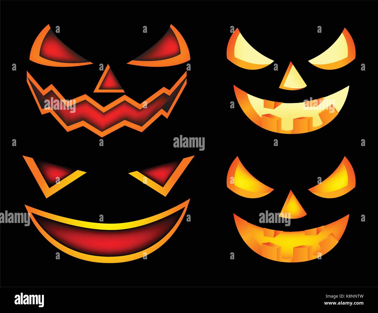 Citrouilles d'Halloween visage vector illustration set, Jack O Lantern sourire isolé sur fond noir. Orange effrayant photo avec les yeux dans le noir. Illustration de Vecteur