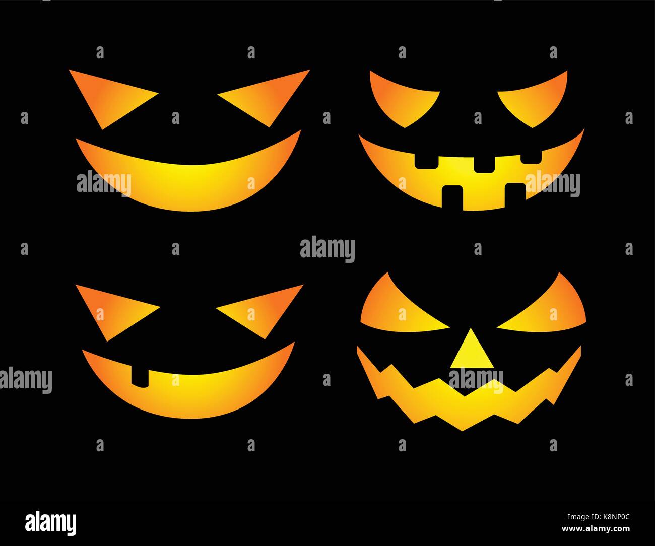 Citrouilles d'Halloween visage vector illustration set, Jack O Lantern sourire isolé sur fond noir. Orange effrayant photo avec les yeux dans le noir. Illustration de Vecteur