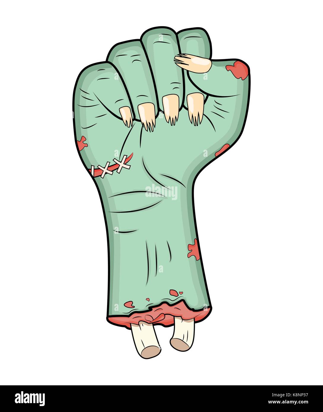 Par contre, Fist Zombie halloween geste - vector cartoon réaliste illustration isolé. Image de monstre effrayant geste fist avec ossements peau verte. P Illustration de Vecteur