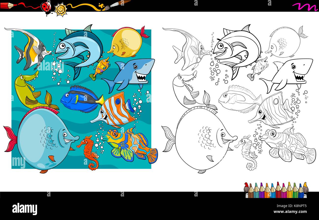Cartoon illustration de personnages animaux poissons l'activité de coloriage de groupe Illustration de Vecteur