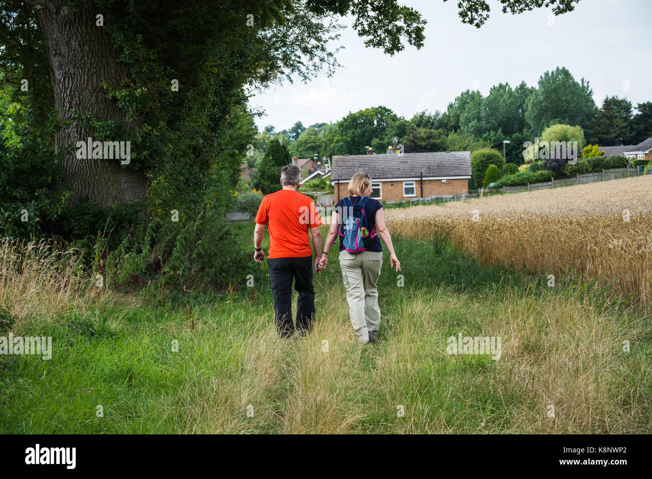 Un couple d'âge moyen, se tenir la main, marcher le long du bord d'un champ de blé dans les régions rurales de l'Angleterre. Le Shropshire, au Royaume-Uni. Banque D'Images