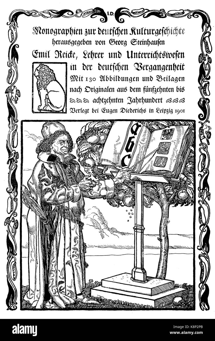 Avec un livre de lecture de l'enseignant à l'extérieur, Lehrer mit einem Lesebuch im Freien, monographies aus der deutschen Kulturgeschichte, 16. Jahrhundert, amélioration numérique reproduction d'une gravure sur bois, publié dans le 19e siècle Banque D'Images
