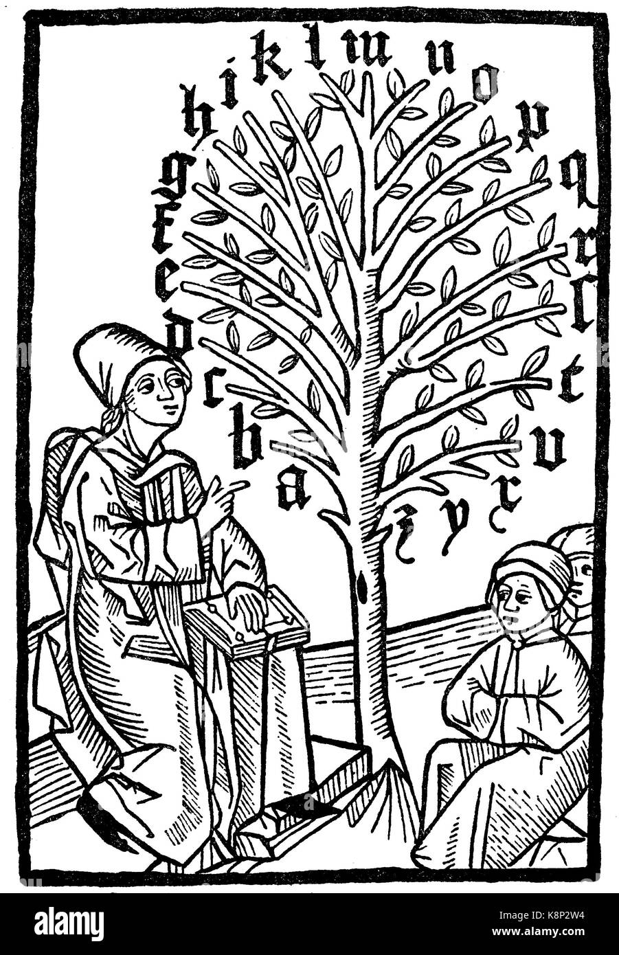Un enseignant enseigne aux élèves l'ABC, Ein Lehrer lehrt den Schülern das ABC, Holzschnitt aus Geiler von Keisersberg, ein heylsame predig und léré, 1490, l'amélioration numérique reproduction d'une gravure sur bois, publié dans le 19e siècle Banque D'Images