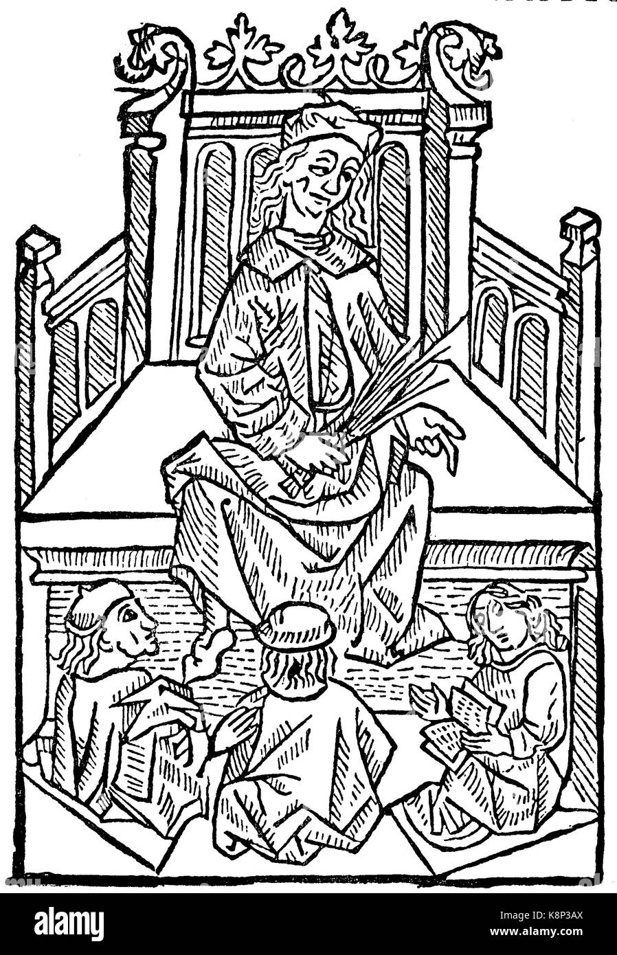Albertus Magnus, 1200 - 1280, également connu sous le nom de saint Albert le Grand et Albert de Cologne, était un frère dominicain et évêque catholique. Plus tard canonisé comme saint catholique, enseignant, Albertus Magnus als Lehrer, 1480, l'amélioration numérique reproduction d'une gravure sur bois, publié dans le 19e siècle Banque D'Images