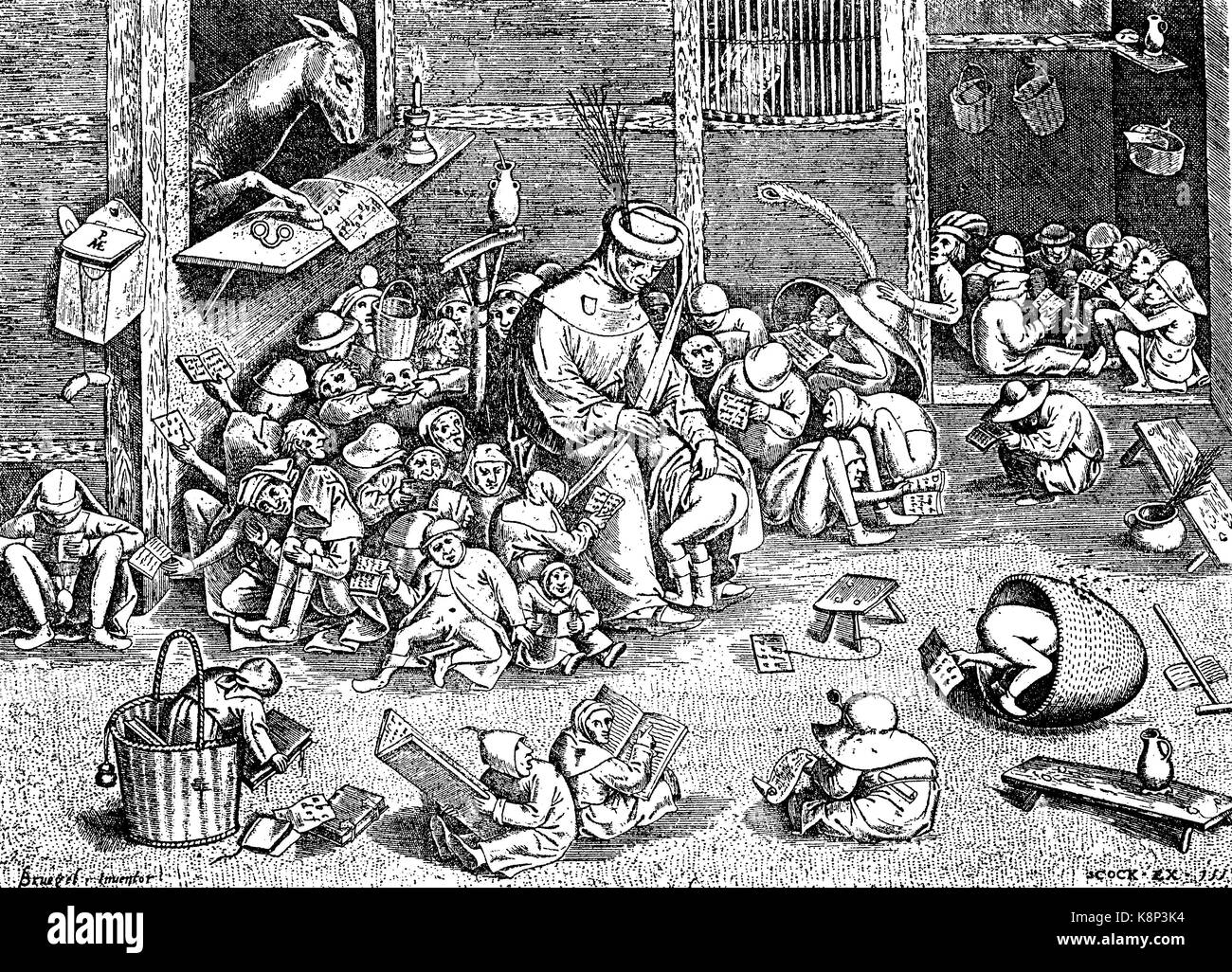 Représentation satirique d'une scène de l'école, Satirische Darstellung von Schulszene, 1557, l'amélioration numérique reproduction d'une gravure sur bois, publié dans le 19e siècle Banque D'Images