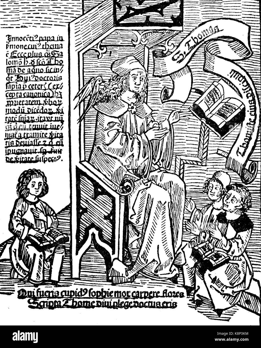 Saint Thomas d'Aquin, Thomas d'Aquino, 1225- 1274, un frère dominicain Italien, prêtre catholique, et docteur de l'Eglise. Il était un philosophe, théologien et juriste dans la tradition de la scolastique, dans lequel il est aussi connu sous le nom de Doctor Angelicus et le médecin communis, ici en tant qu'enseignant avec un pigeon,Thomas von Aquino als Lehrer, eine Taube ihm sagt ein, 1500, l'amélioration numérique reproduction d'une gravure sur bois, publié dans le 19e siècle Banque D'Images
