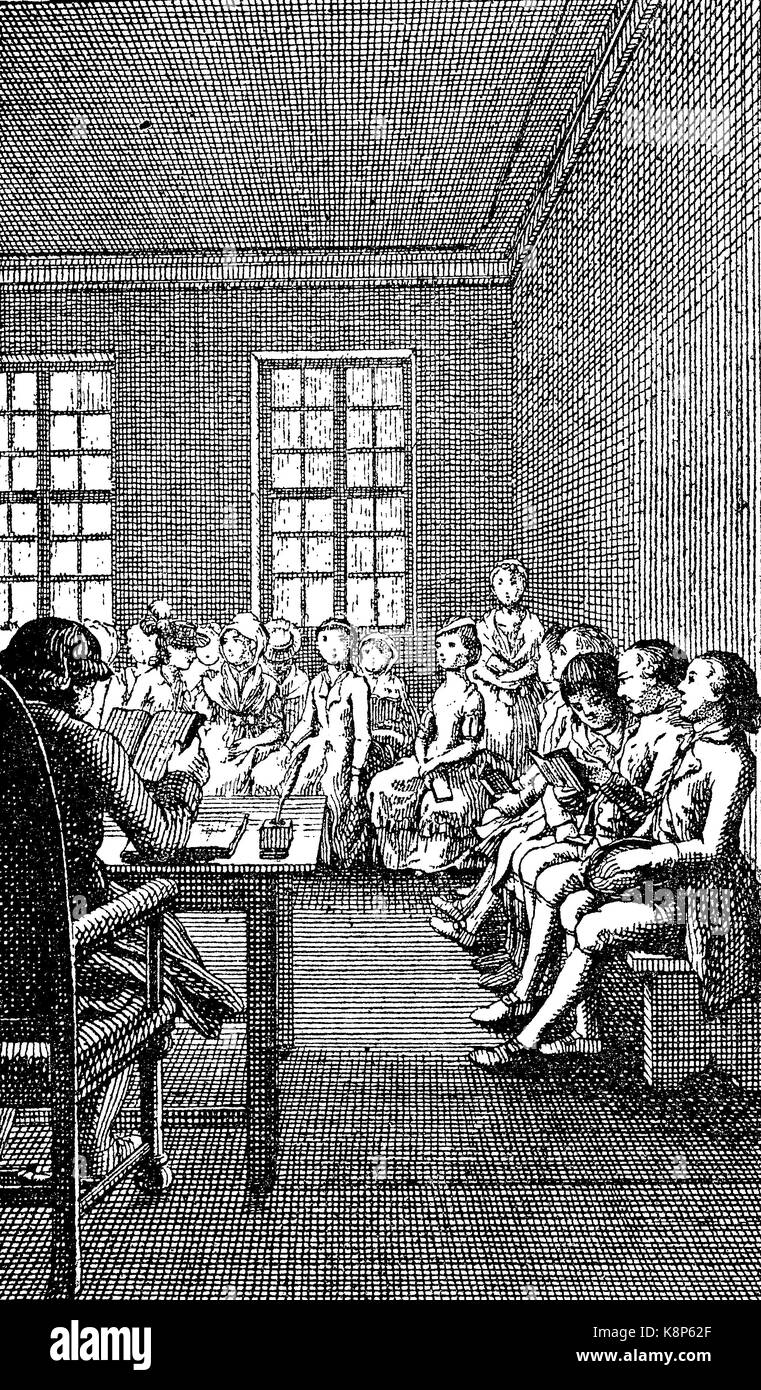 L'enseignement religieux dans le 18e siècle, Religionsunterricht im 18. Jahrhundert, 1750, l'amélioration numérique reproduction d'une gravure sur bois, publié dans le 19e siècle Banque D'Images