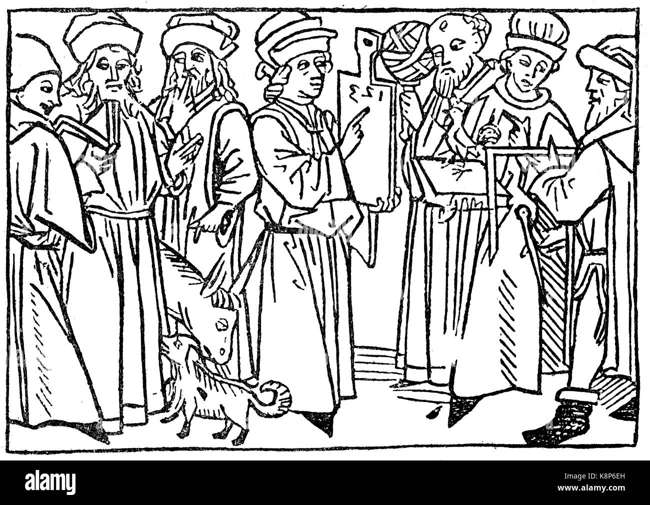 Les sept articles de guildes, Symbolbild für die sieben freien Zünfte, 1479, l'amélioration numérique reproduction d'une gravure sur bois, publié dans le 19e siècle Banque D'Images