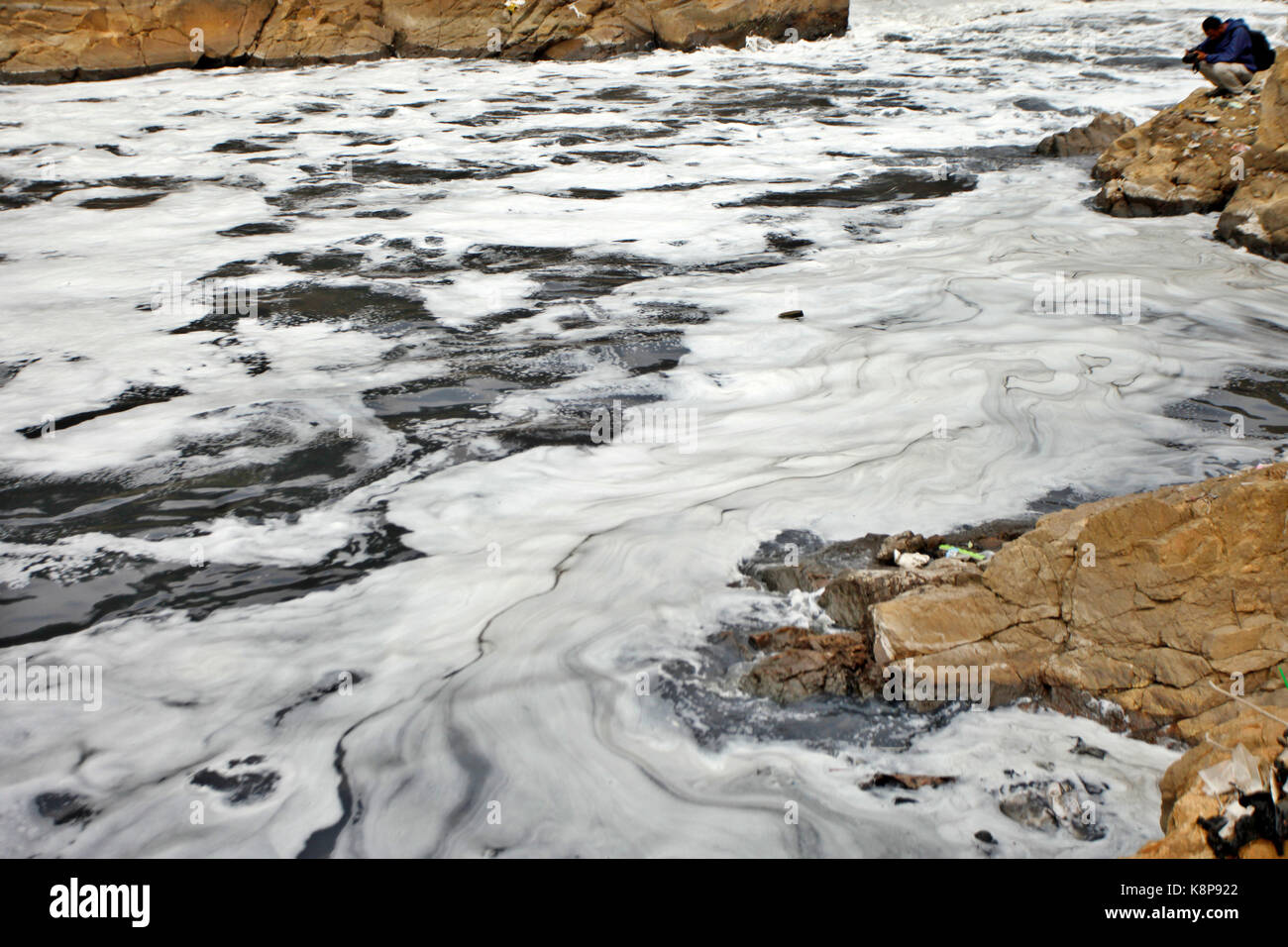 (170920) -- Bandung (Indonésie), sept. 20, 2017 (Xinhua) -- un journaliste prend des photos de la pollution de l'eau au fleuve citarum à Bandung, Java ouest, Indonésie, sept. 20, 2017. (Xinhua/Banyu Biru) (srb) Banque D'Images