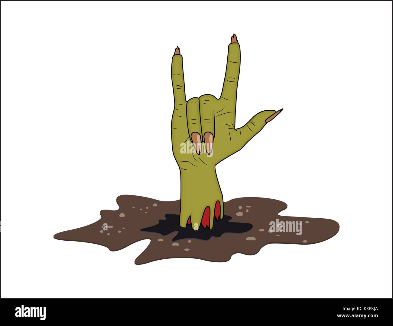 Zombie part cornes, signe de satan hors du sol. vector cartoon halloween réaliste illustration isolé sur fond blanc. Image de monstre effrayant fing Illustration de Vecteur