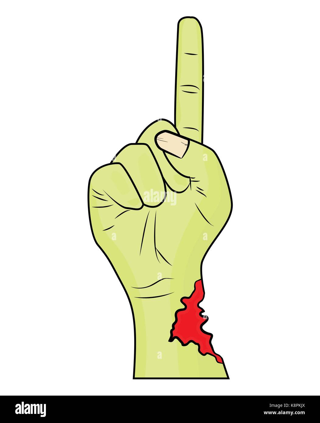 Doigt main Zombie geste vers le vecteur d'halloween - caricature réaliste illustration isolé. Image de monstre effrayant geste de la main vers le haut avec déchirés, r Illustration de Vecteur