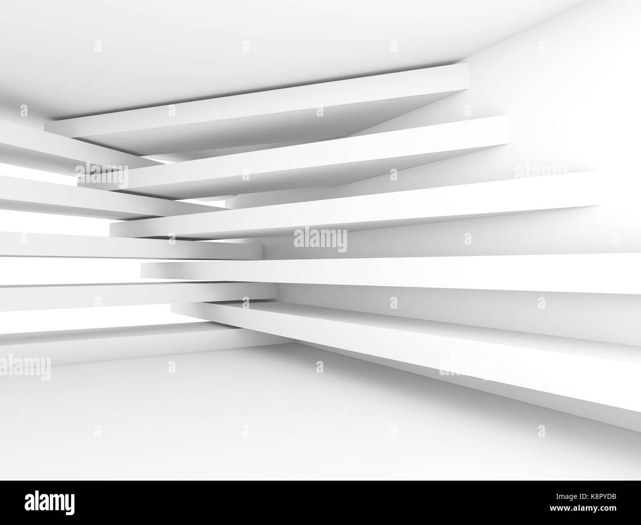 Résumé Contexte intérieur vide. Chambre blanche avec un éclairage doux et le motif de bande recoupée poutres apparentes, 3d illustration Banque D'Images