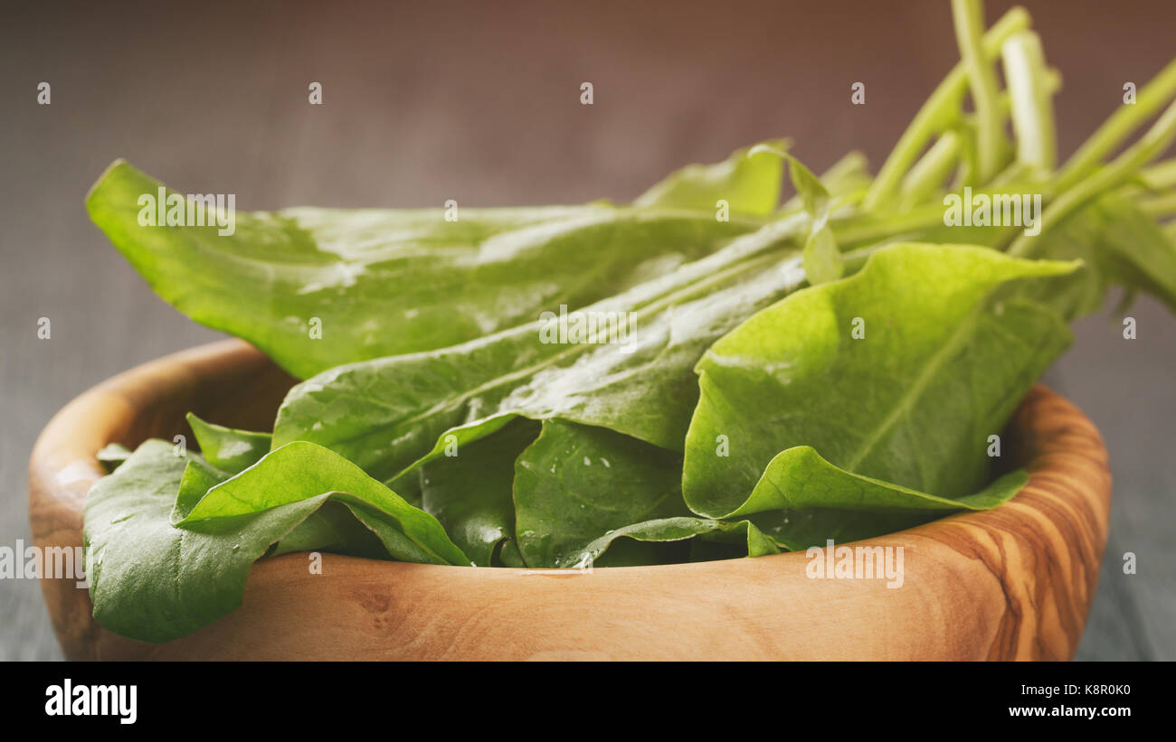 Les feuilles d'oseille fraîche dans le bol d'olive sur la table en bois de chêne Banque D'Images