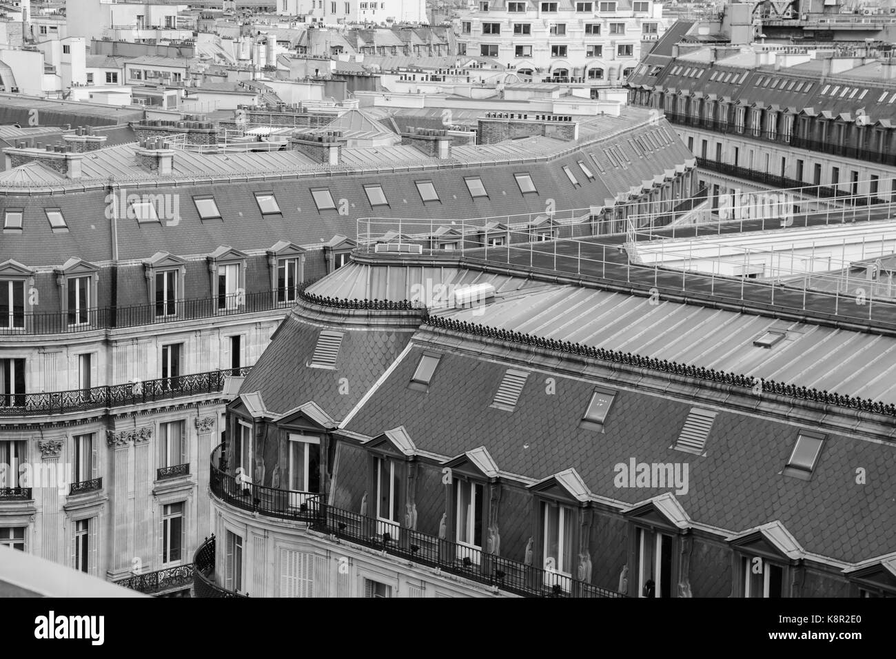 Paris, France : vue sur l'horizon des toits bleus typiques appartements Haussmann et des principaux monuments de la terrasse, dans un jour nuageux Banque D'Images