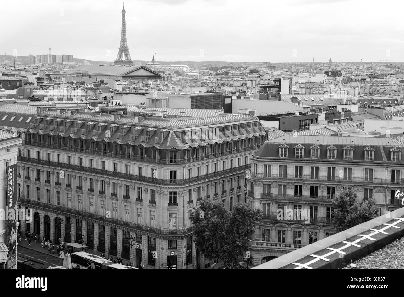 Paris, France : vue sur l'horizon des toits bleus typiques appartements Haussmann et des principaux monuments de la terrasse, dans un jour nuageux Banque D'Images