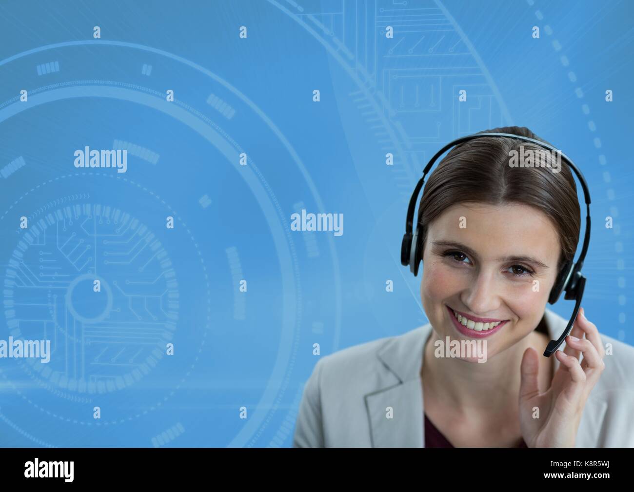 Digital composite of Customer care service femme avec fond bleu Banque D'Images
