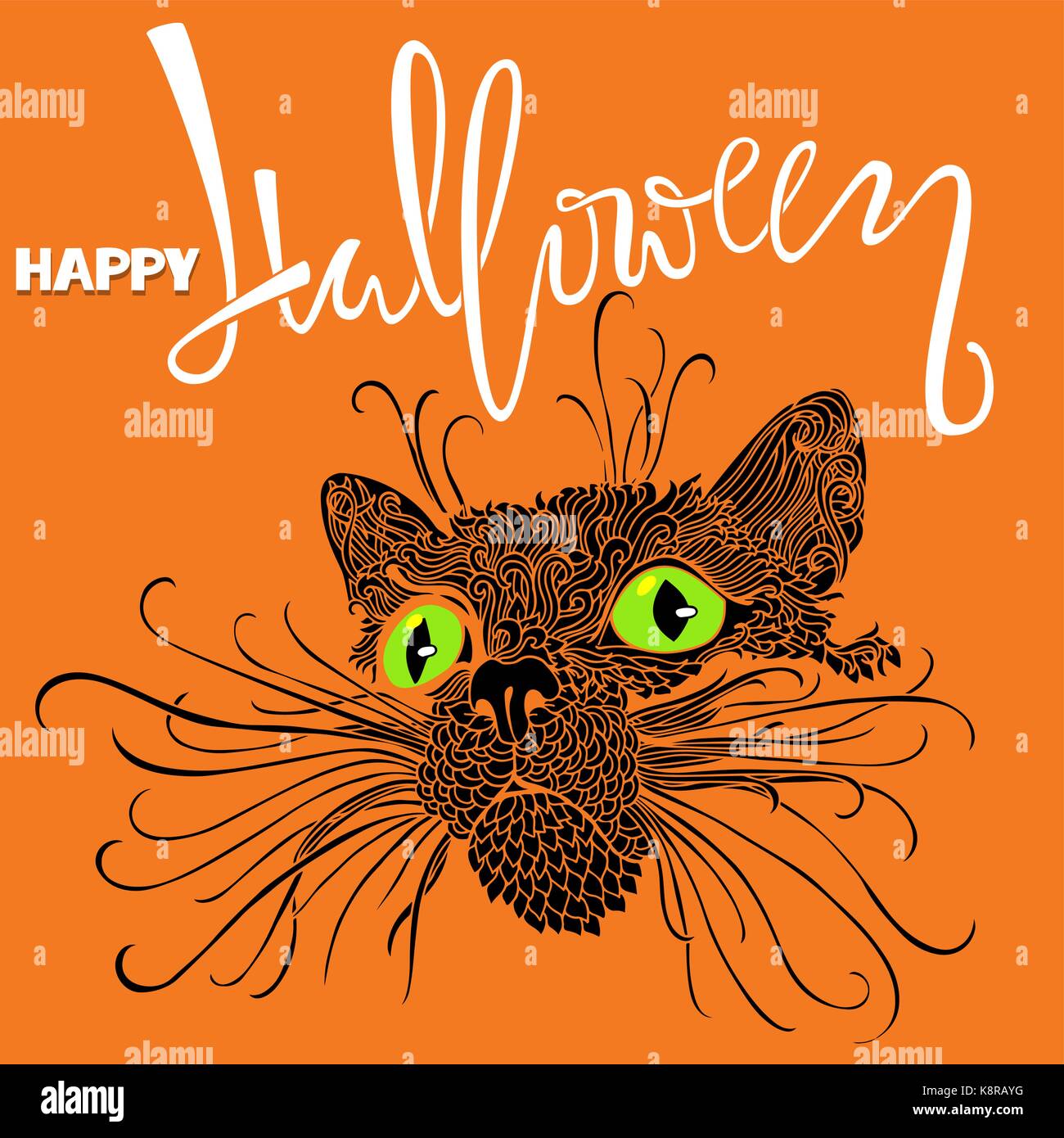Halloween chat noir avec les yeux verts.. style de motif mandala halloween heureux lettrage manuscrit carte. vector illustration. Illustration de Vecteur