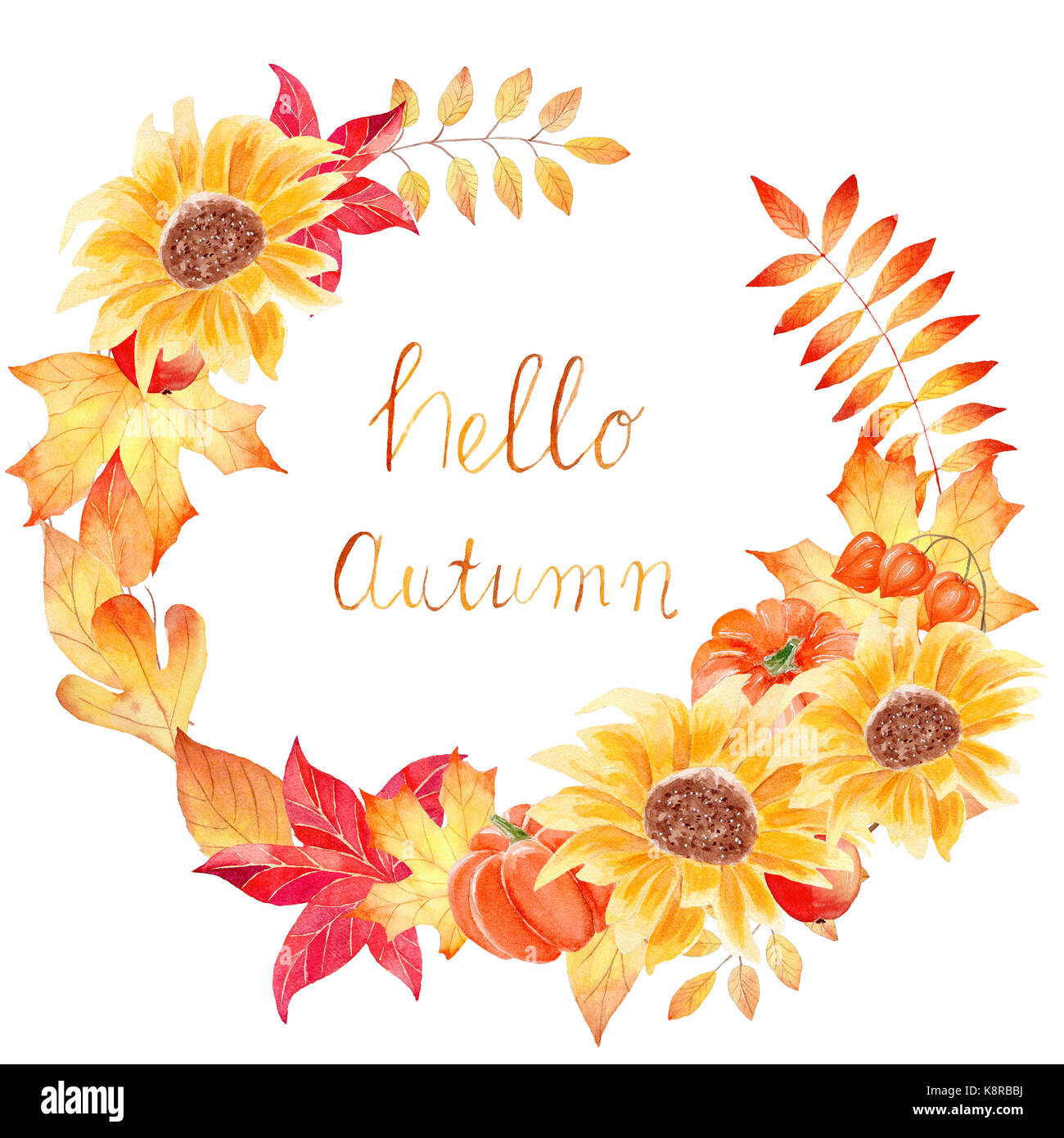 Bonjour automne - aquarelle composition dessiné à la main avec des feuilles colorées et de tournesols Banque D'Images