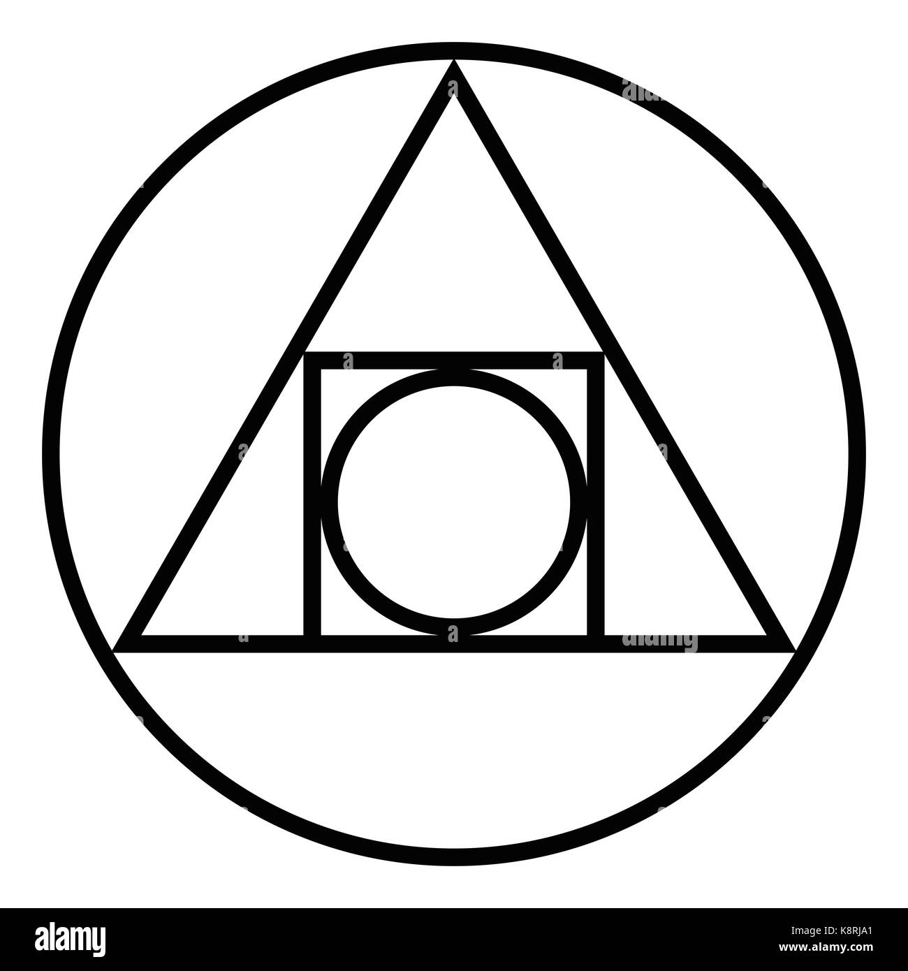 Le cercle au carré de glyphe alchimiques. dix-septième siècle. symbole de création de pierre philosophale et de l'interaction des quatre éléments de la matière. Banque D'Images