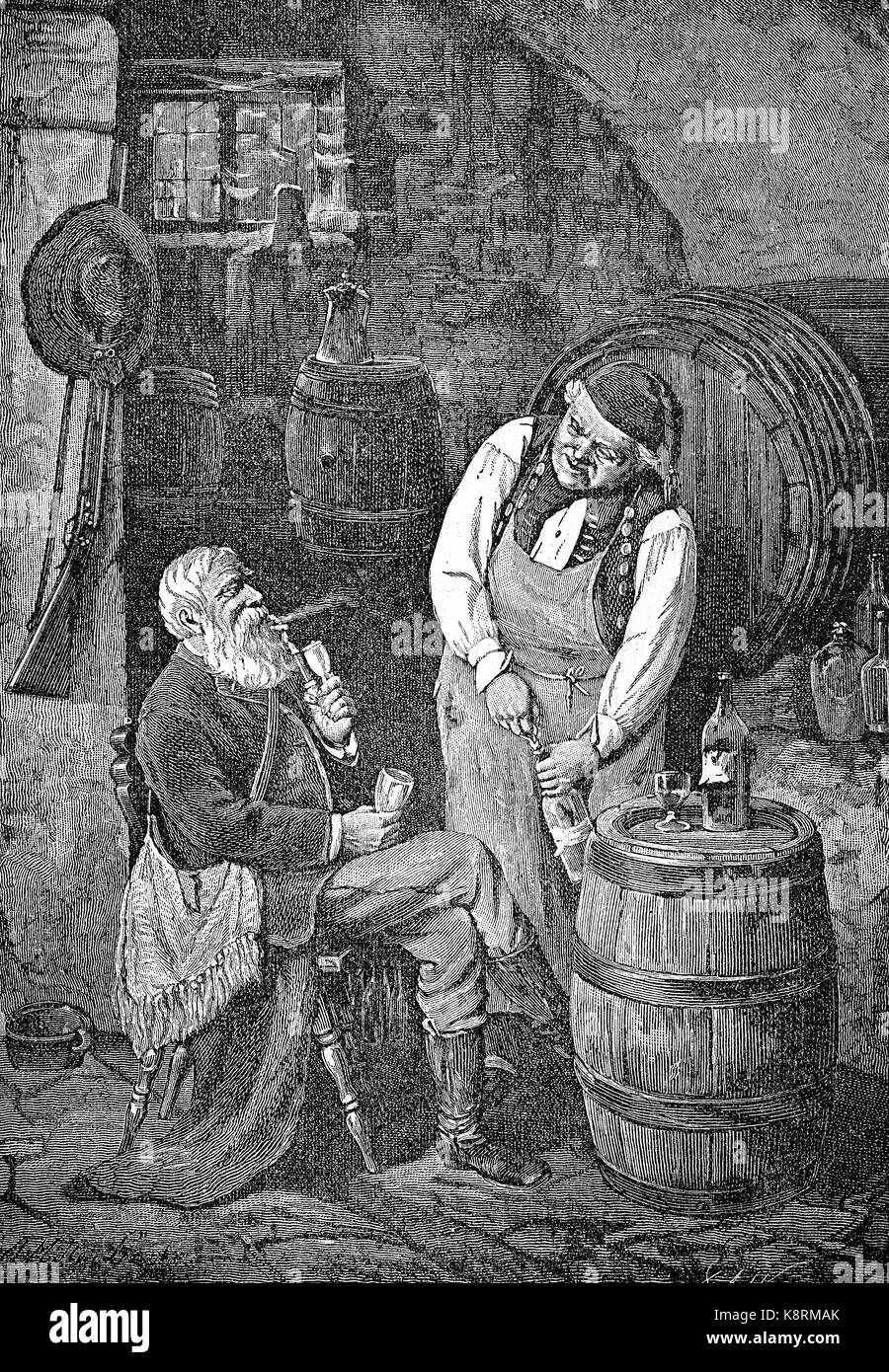 Dégustation de vin dans la cave à vin, vigneron ouvre une bouteille pour un invité, Weinprobe im Winkeller, Winzer öffnet in eine Flasche für einen Gast, amélioration numérique reproduction d'une gravure sur bois, publié dans le 19e siècle Banque D'Images