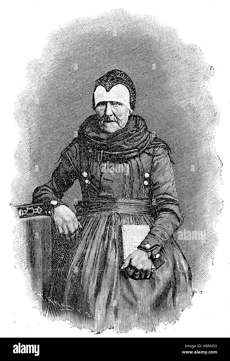 Une vieille femme d'une île Hallig, Allemagne, avec le costume du dimanche, amélioration numérique reproduction d'une gravure sur bois, publié dans le 19e siècle Banque D'Images